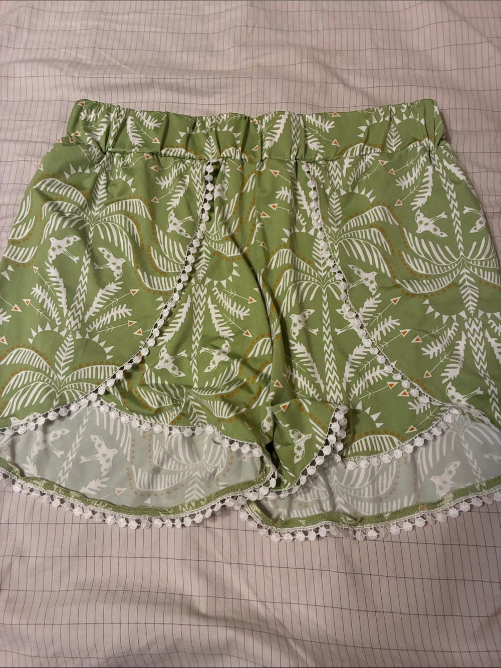 Green Tropical Print Women’s Shorts with Pom Trim
